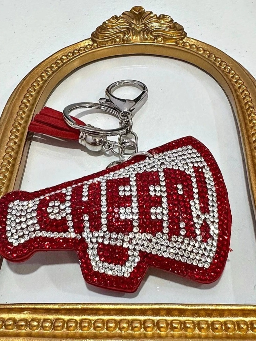 New Red & Silver Rhinestone Cheer Megaphone Keychain - Picture 2 of 5